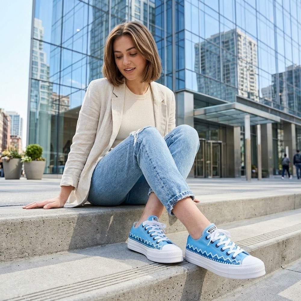Westdale Blue White Zigzag Canvas Low Top Platform Sneakers EU 39.5 Mens Womens
